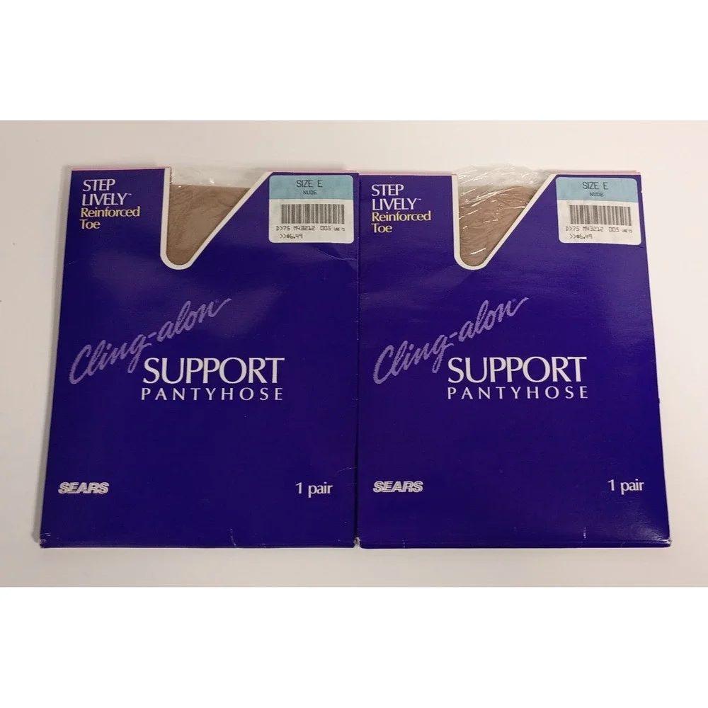 Sears Cling-alon Reinforced Toe Pantyhose Size E Nude Vintage USA 2 Pair NEW‎